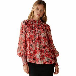 Chufy Biamca Silk Blend Balloon Sleeve Blouse Red Floral Size M